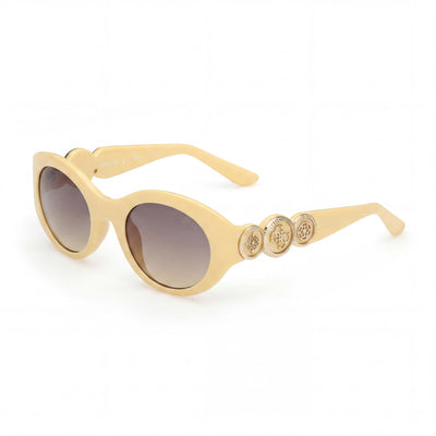 GUESS Women's Oval Peony Plastic Sunglasses, Shiny Light Yellow Frame, Gradient Smoke Lenses, Non-Polarized, 100% UV Protection, 53mm