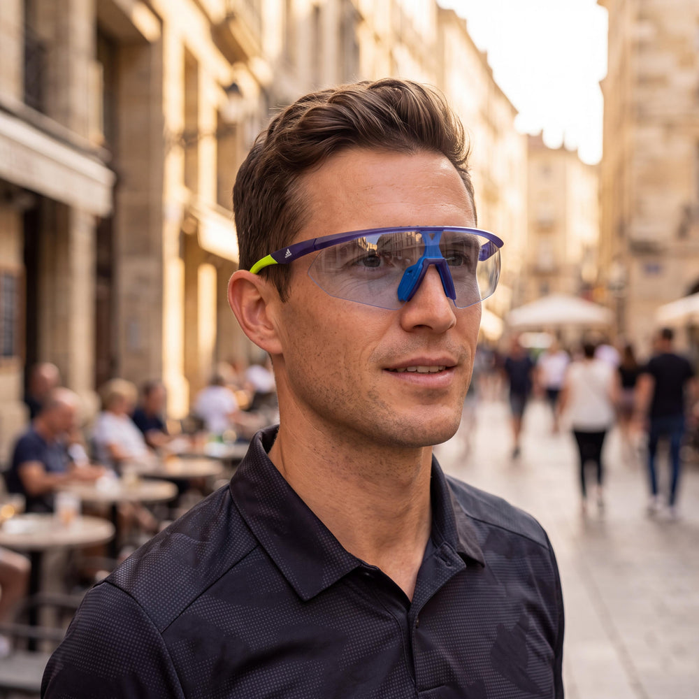 Adidas SP0015 Shield Sunglasses Men — side view, Photochromic Blue mirrored lens