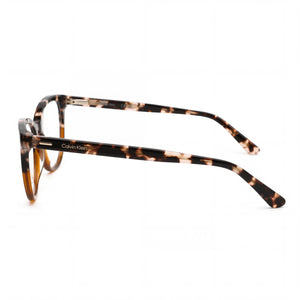Calvin Klein CK21519 59408 Cat Eye Eyeglasses Unisex — side view, Havana Alloy Steel temples
