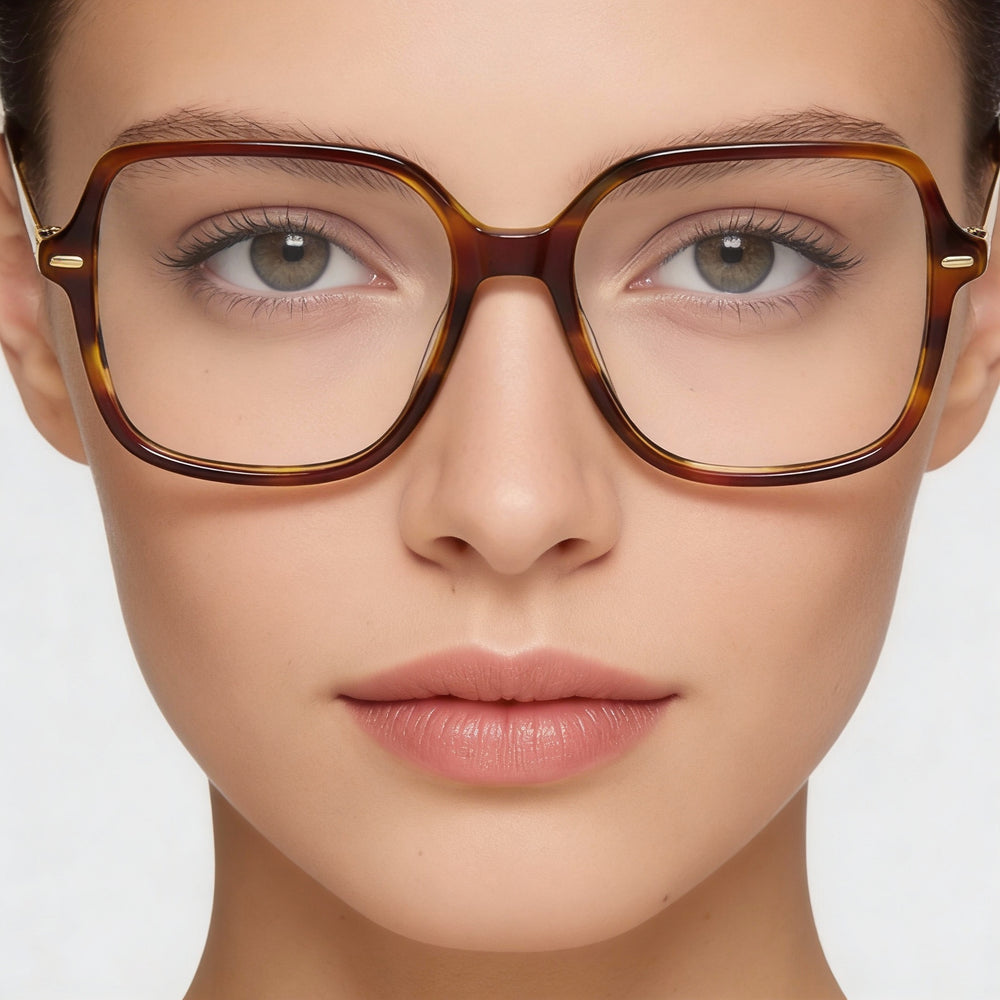 Carrera Square Eyeglasses Women — side view, Havana Acetate temples