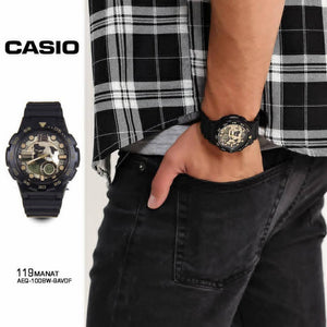 Casio AEQ-100BW Resin Men's Watch worn in studio photo, Gold Dial