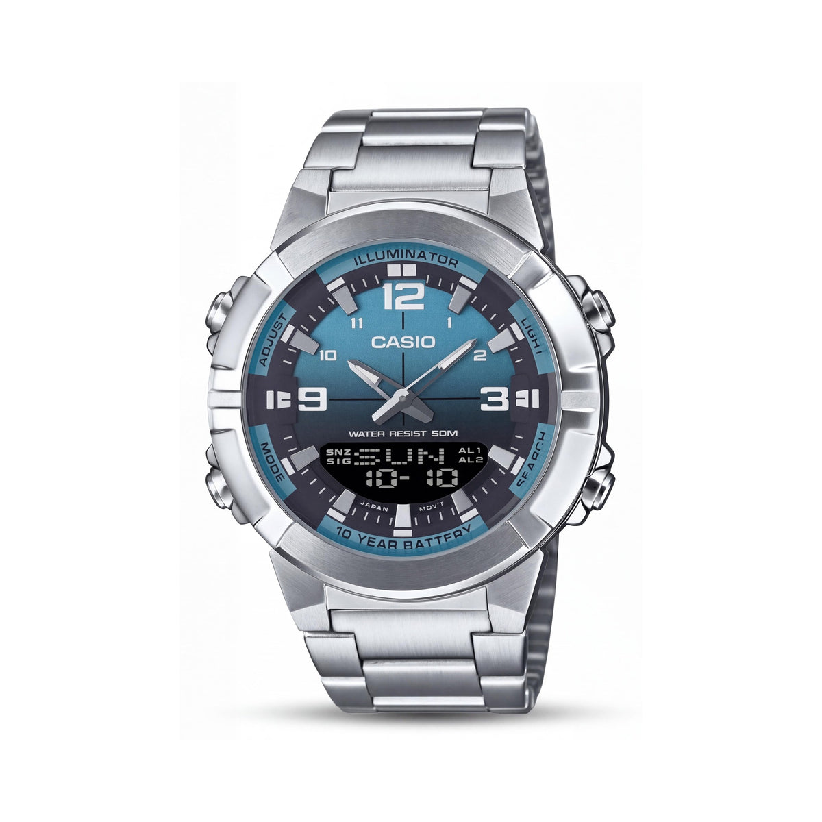 Reloj Casio para hombre, analógico-digital con doble zona horaria, correa de acero inoxidable azul verdoso y caja de 51,5 mm, Photo 1