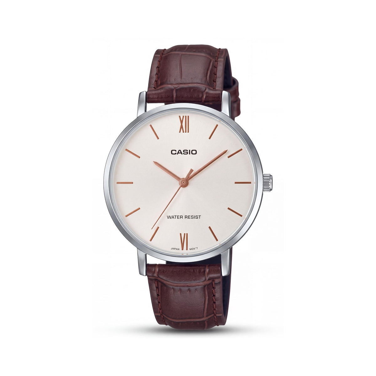 Reloj Casio LTP-VT01L-7B2UDF para mujer, analógico minimalista con correa de piel, resistente al agua con alarma y cronógrafo, marrón, blanco y dorado, Photo 1