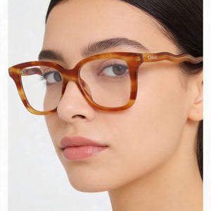 Chloé CH0090O Rectangle Eyeglasses Women — side view, Havana Transparent Bio Acetate temples