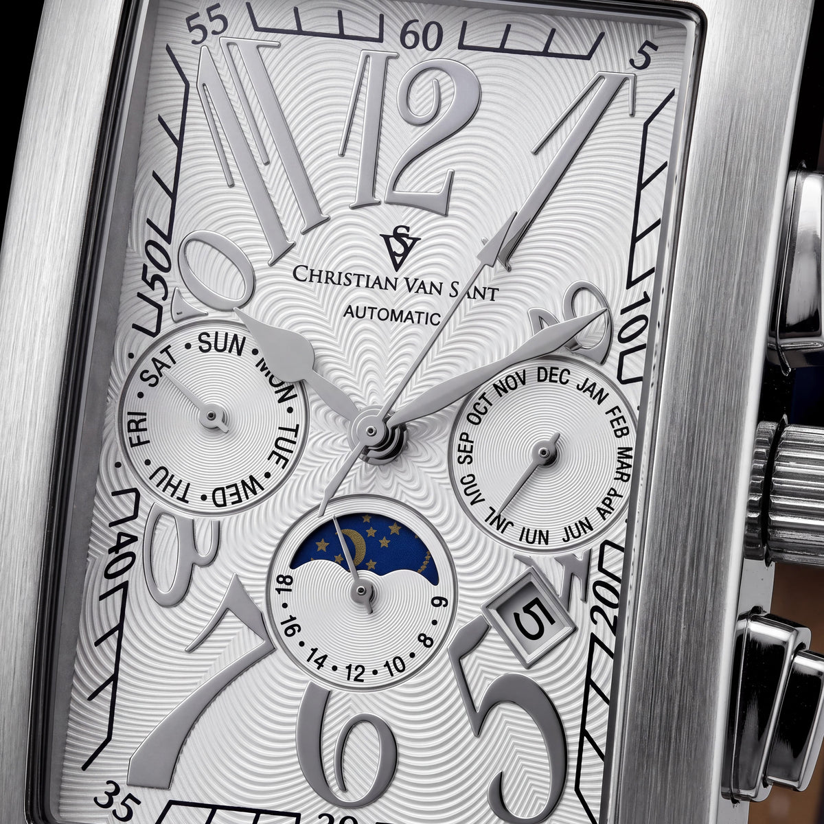 Reloj de pulsera Christian Van Sant para hombre, de acero inoxidable, automático, multifunción, con fecha, fase lunar, esfera blanca y correa de cuero, Photo 2