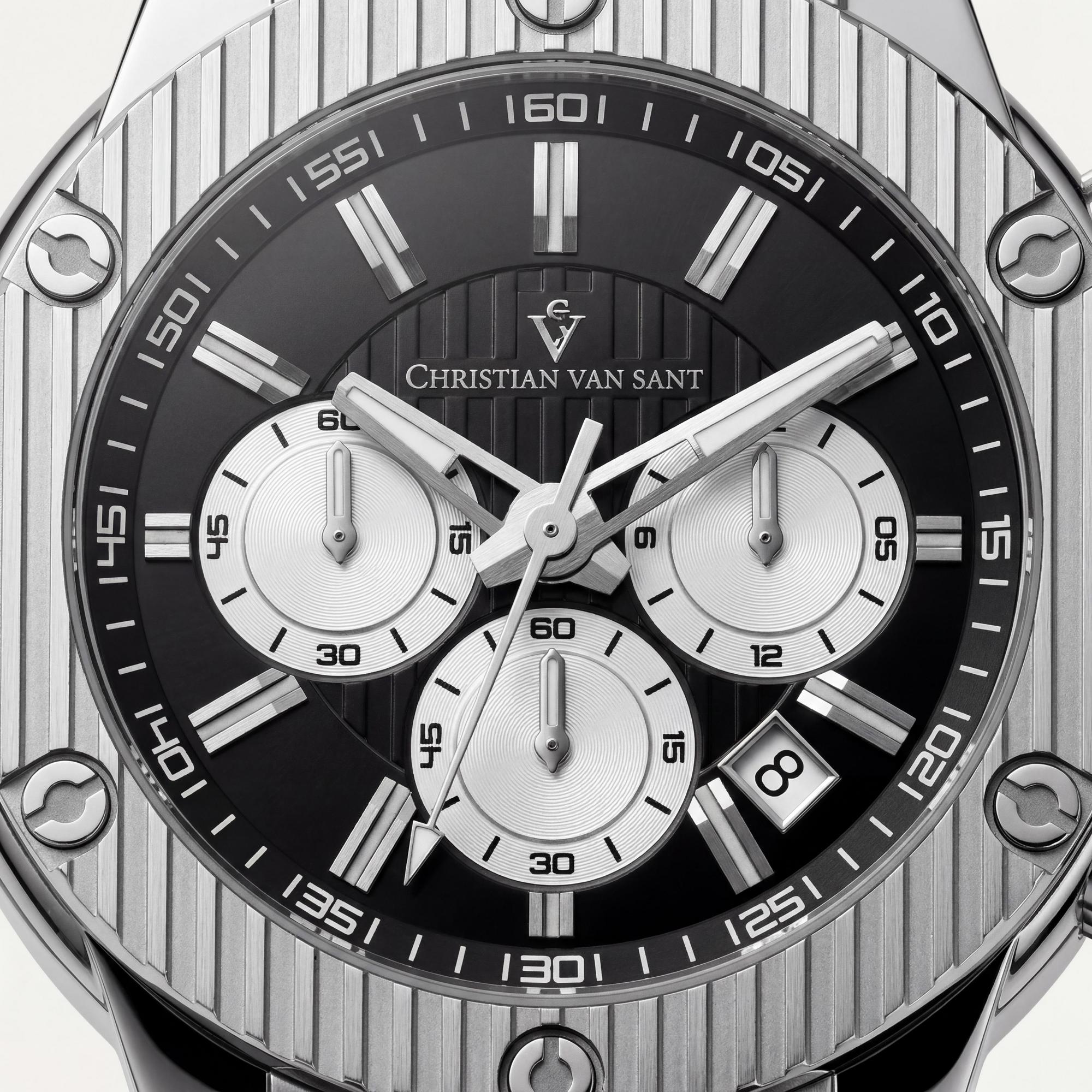 Reloj moderno Christian Van Sant para hombre, esfera negra de acero inoxidable de 46 mm, Photo 2