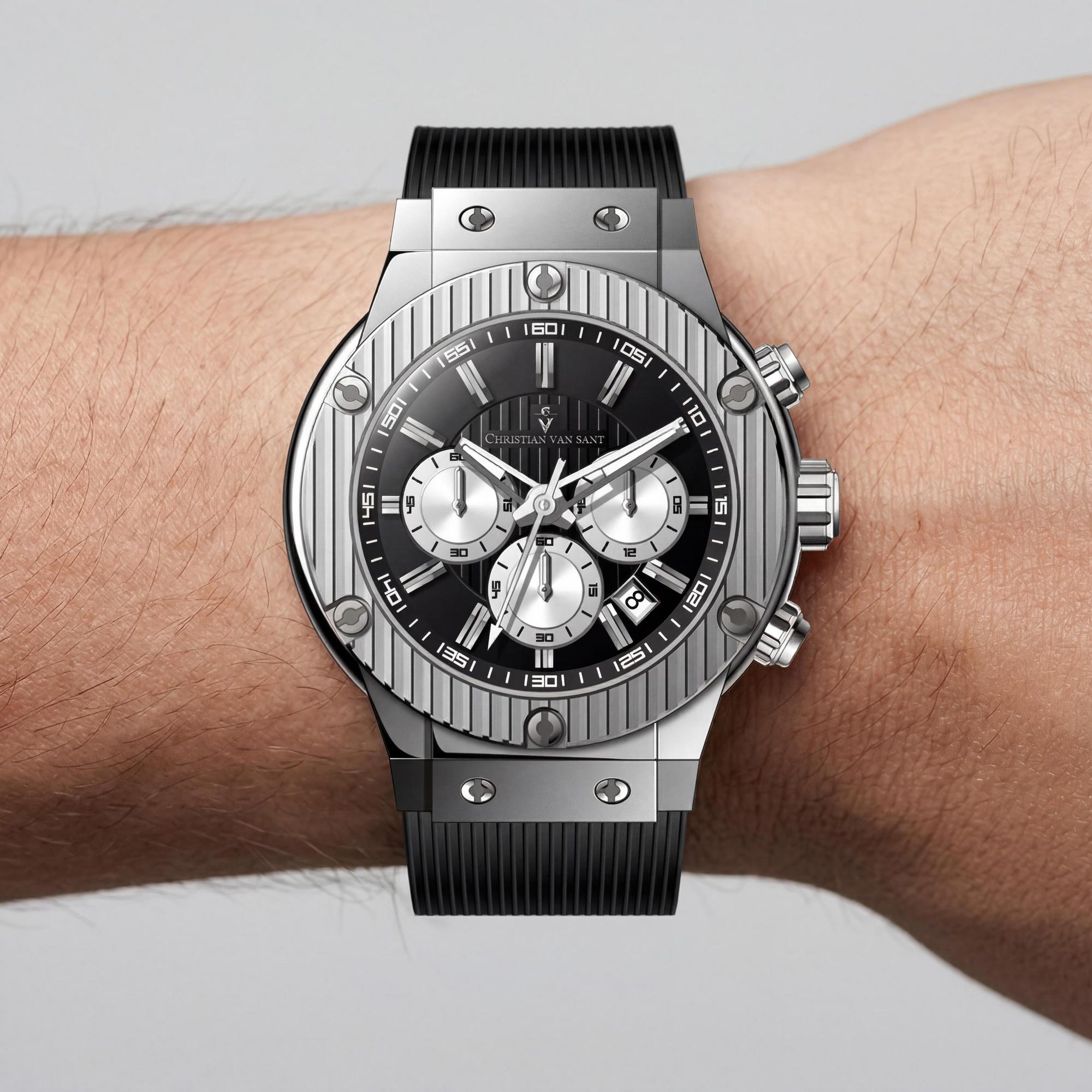 Reloj moderno Christian Van Sant para hombre, esfera negra de acero inoxidable de 46 mm, Photo 3