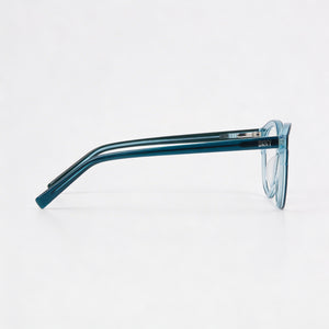 DKNY Classic Round Eyeglasses Women — side view, Blue Acetate temples