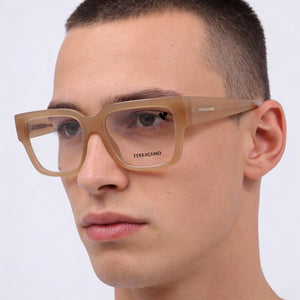 Ferragamo SF2975 Rectangle Eyeglasses Men — side view, Transparent Acetate temples