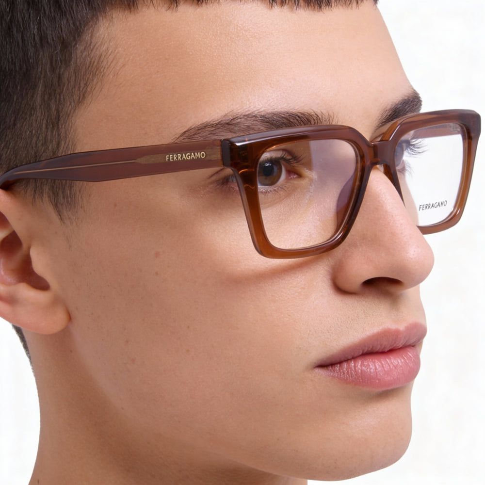 Ferragamo SF2985 Rectangle Eyeglasses Unisex — side view, Brown Acetate temples