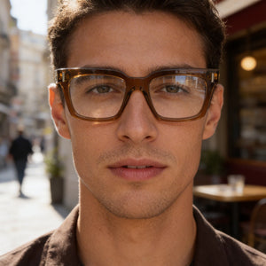 Ferragamo SF2993 Rectangle Eyeglasses Men — side view, Brown Acetate temples