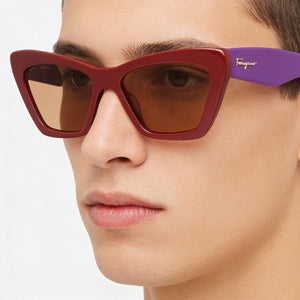Ferragamo Sf929s Cat Eye Sunglasses Unisex — side view, Non-Polarized Dark Brown Violet lens