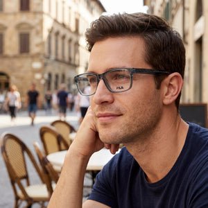 Fila Classic Transparent Azure Eyeglasses Men — lifestyle wear, morning news and coffee routines