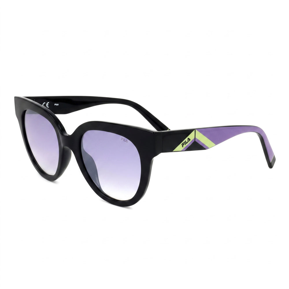 Fila SFI119V Black Cat Eye Sunglasses for Women, Purple Gradient Mirror Silver lens
