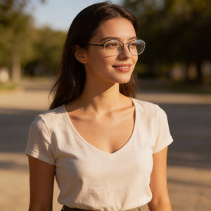 Flexon H6030 Oval Eyeglasses Women — side view, Blue Acetate temples