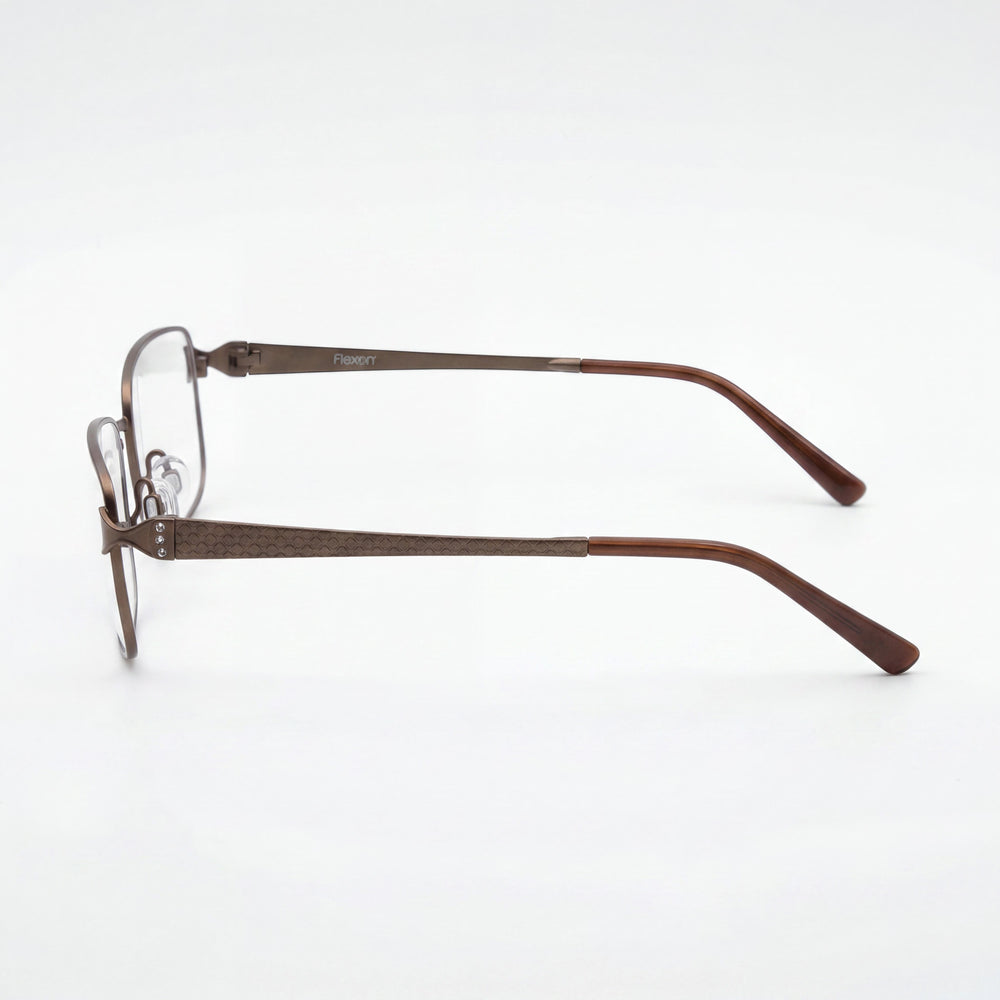 Flexon Lana Rectangle Eyeglasses Men — side view, Brown Metal temples