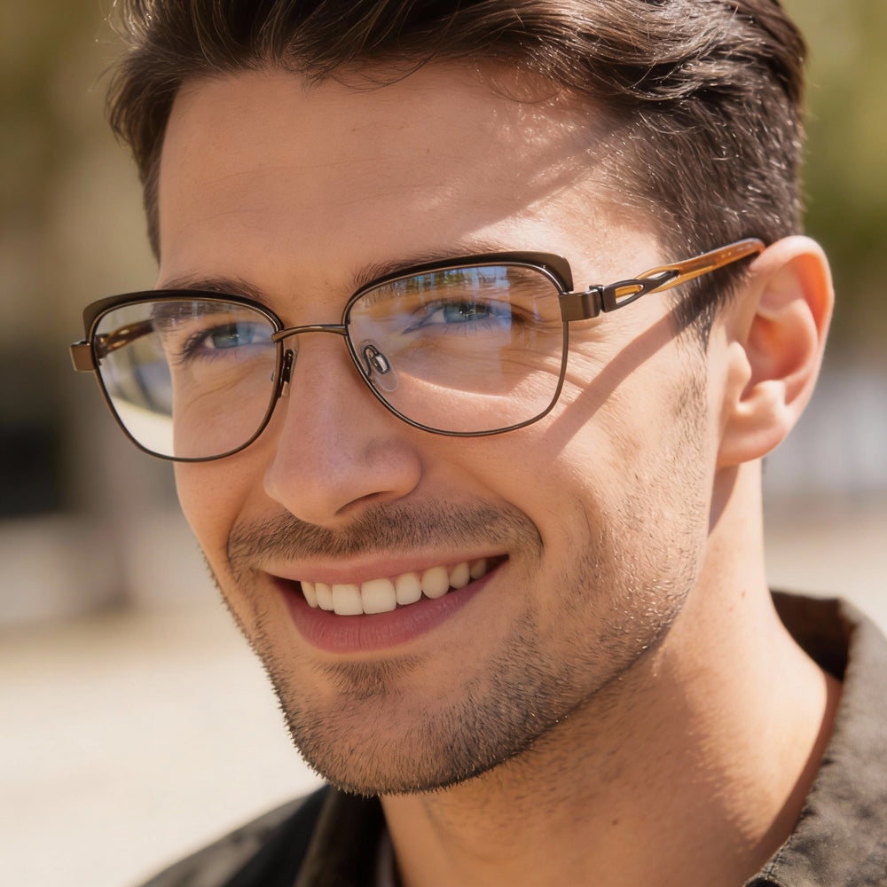 Flexon W3012 Rectangle Eyeglasses Men — side view, Brown Metal temples