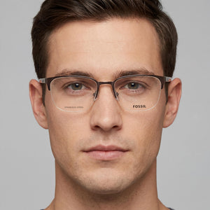 Fossil Fos 7110/G Rectangle Eyeglasses Men — side view, Brown Stainless Steel temples