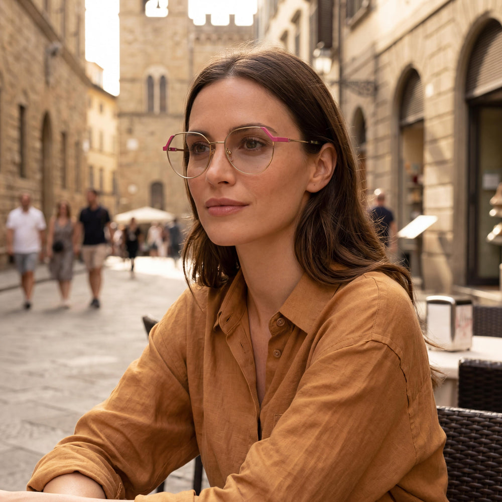 Furla Round Eyeglasses Women — side view, Gold Metal temples