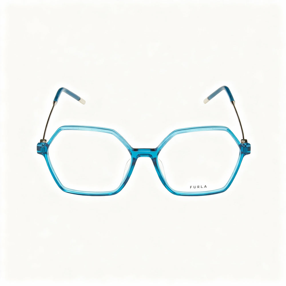 Furla VFU636 Square Eyeglasses Women — side view, Blue Acetate temples