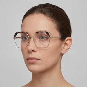 Furla VFU674V Rectangle Eyeglasses Women — side view, Gold Combined Metal Acetate temples