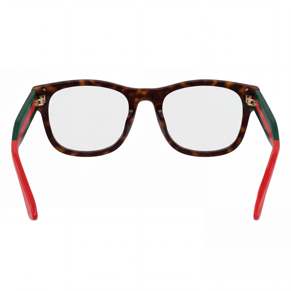 Gucci GG0004ONN Square Eyeglasses Men — side view, Havana/Green Acetate temples