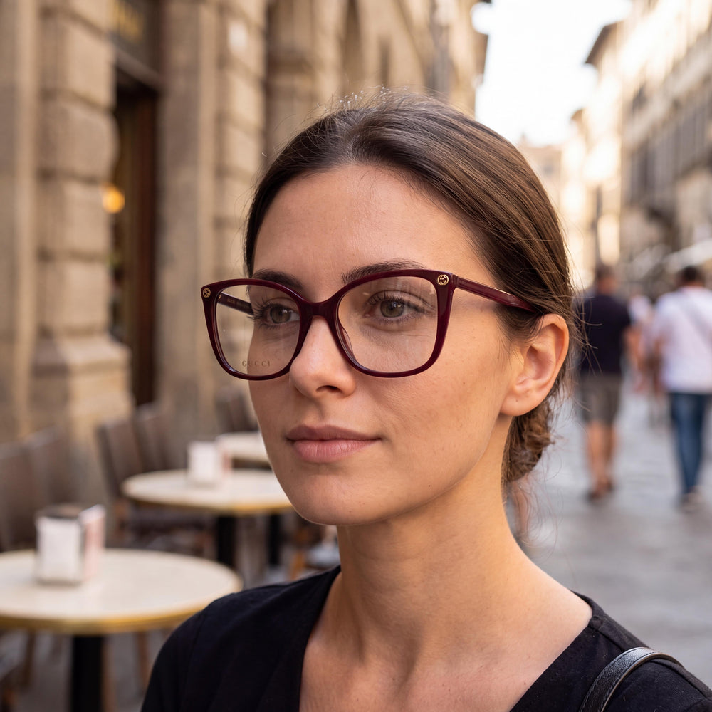 Gucci Gg0026o-012 Rectangle Eyeglasses Women — side view, Burgundy Plastic temples