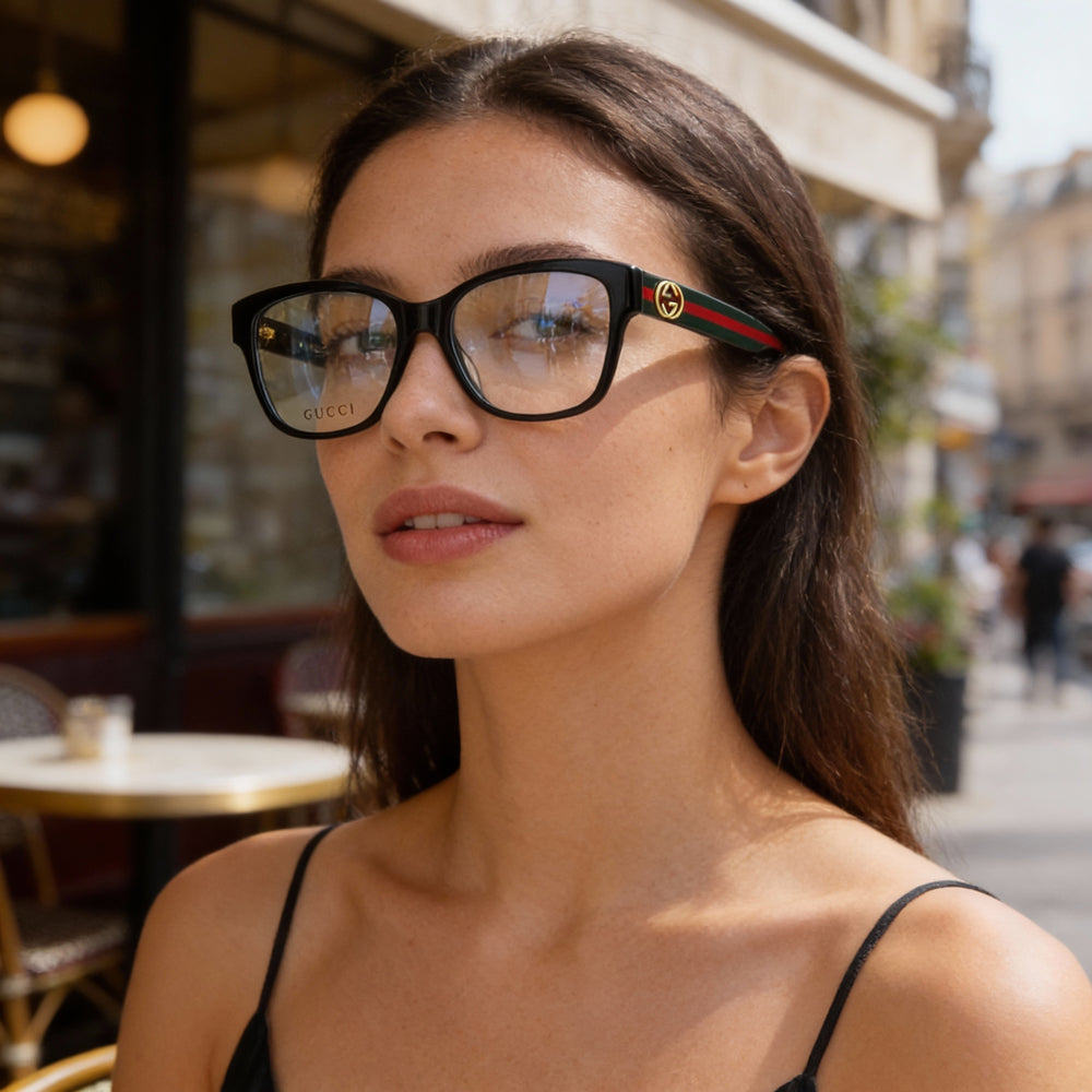 Gucci GG0038ON-011 Square Eyeglasses Women — side view, Black Plastic temples