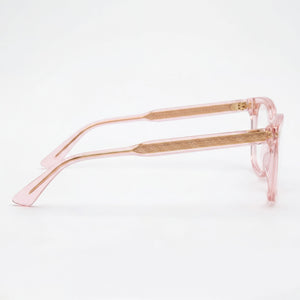 Gucci GG0184O Square Eyeglasses Women — side view, Transparent Pink Plastic temples