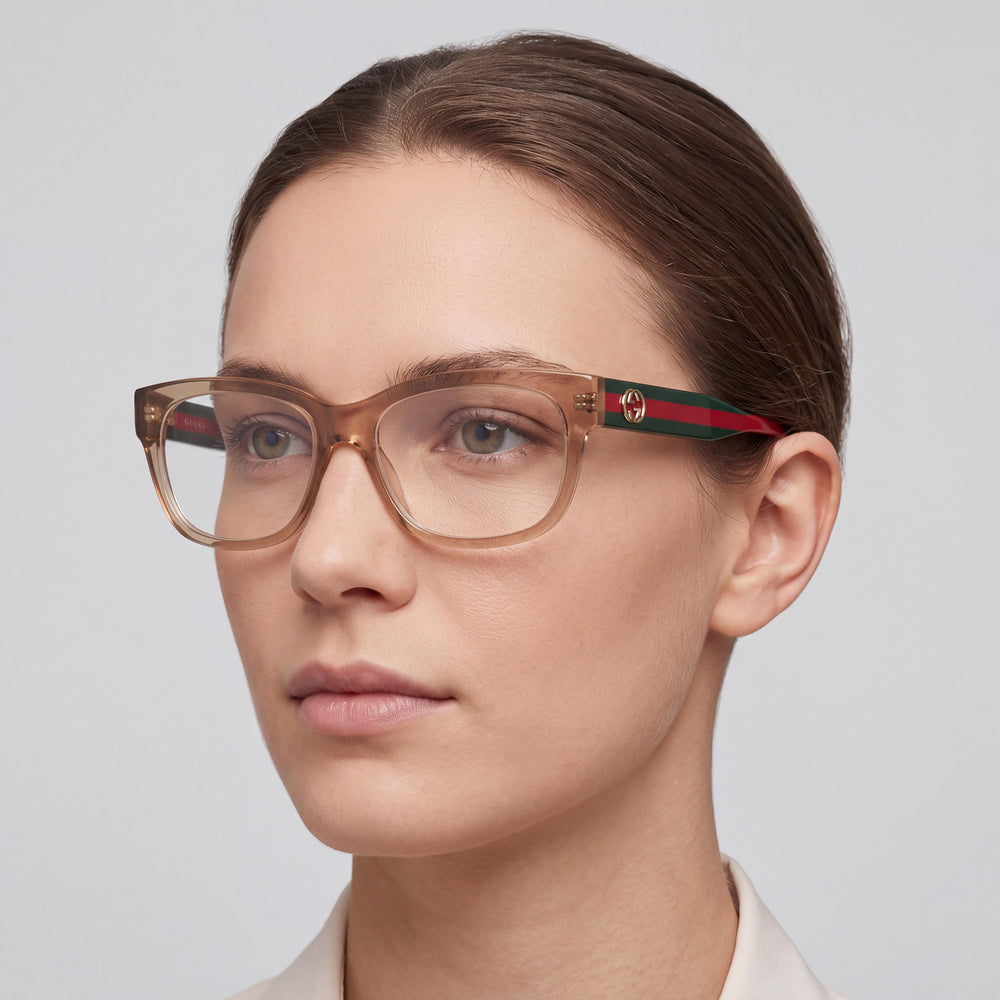 Gucci Gg0278on-015 Rectangle Eyeglasses Unisex — side view, Beige Acetate temples