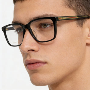 Gucci GG0385OA-001 Rectangle Eyeglasses Men — side view, Black Plastic temples