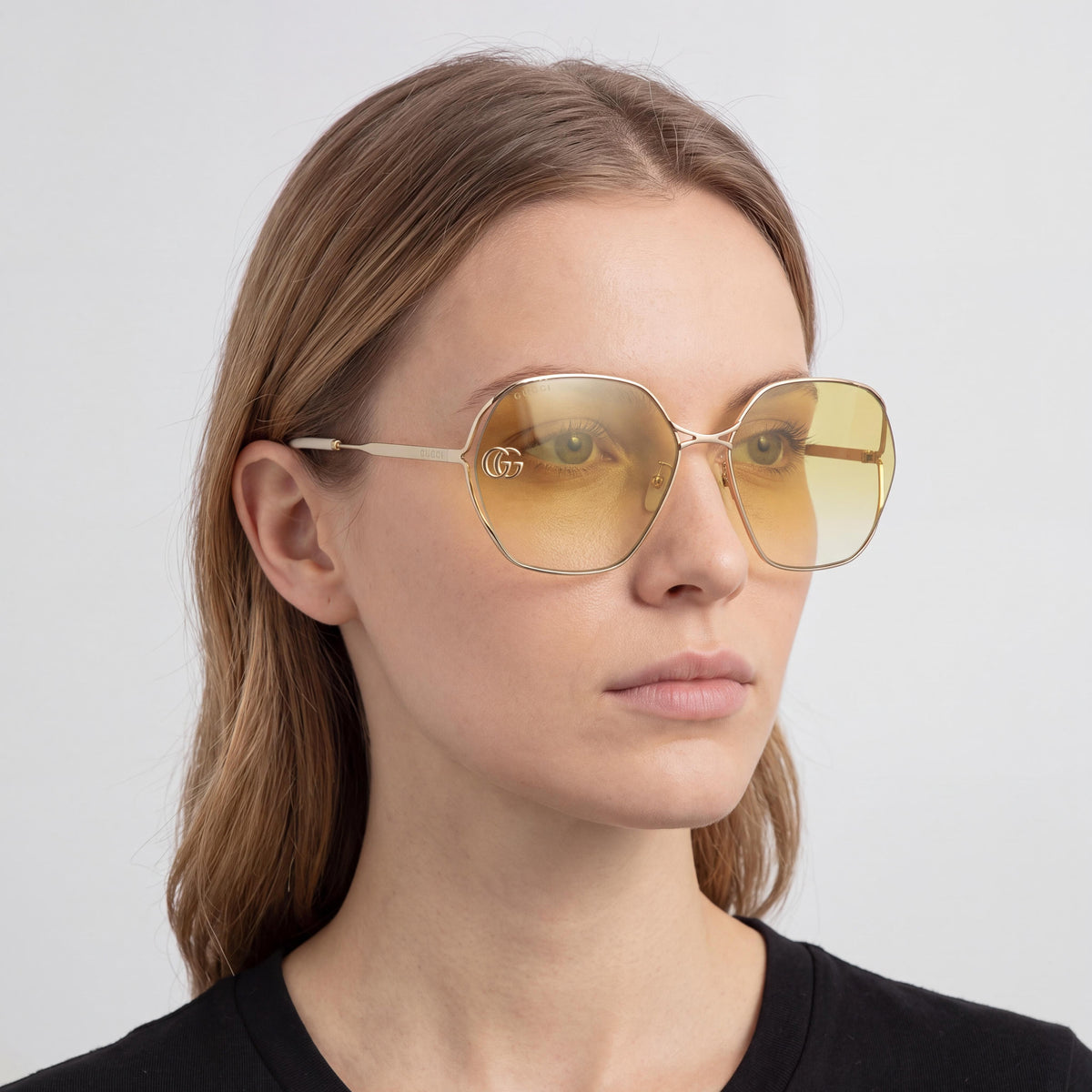 Gafas de sol Gucci 0818SA-004 para mujer, montura redonda/ovalada de metal, color dorado amarillo, lentes degradadas en amarillo vintage, 100% protección UV, 63 mm, Photo 4