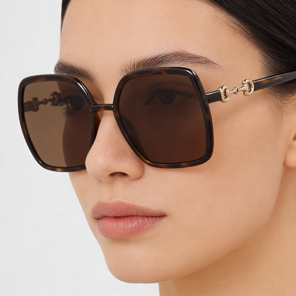 Gucci GG0890S 002 Square Sunglasses Women — side view, Non-Polarized Havana Brown lens