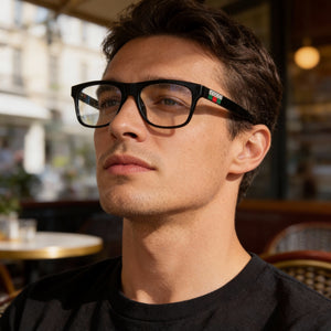 Gucci GG1117O 001 56 Square Eyeglasses Men — side view, Black Plastic temples