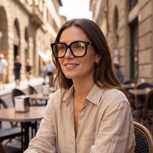 Gucci GG1319O Square Eyeglasses Women — side view, Black/Gold-logo Eco-Acetate temples