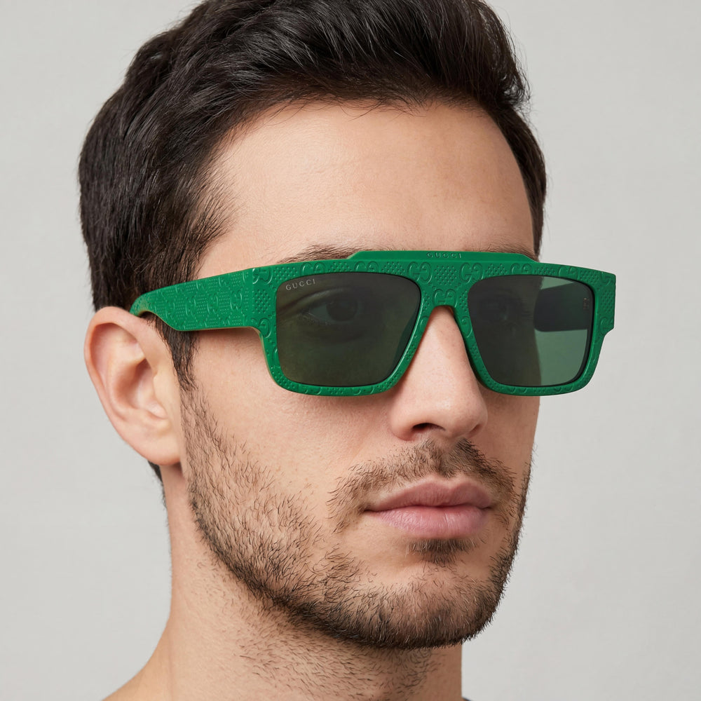 Gucci GG1460S Rectangle Sunglasses Men — side view, Non-Polarized Green lens
