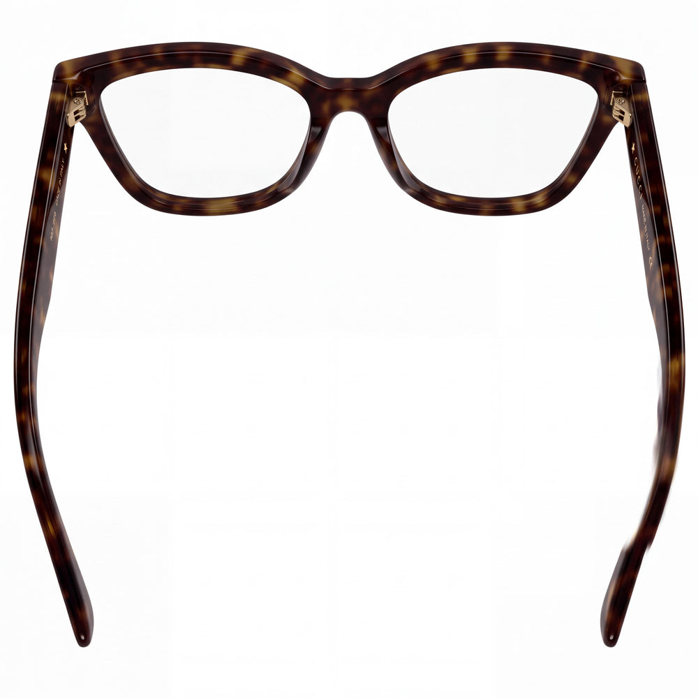 Gucci GG1589O-002 Cat Eye Eyeglasses Women — side view, Havana Transparent Black temples