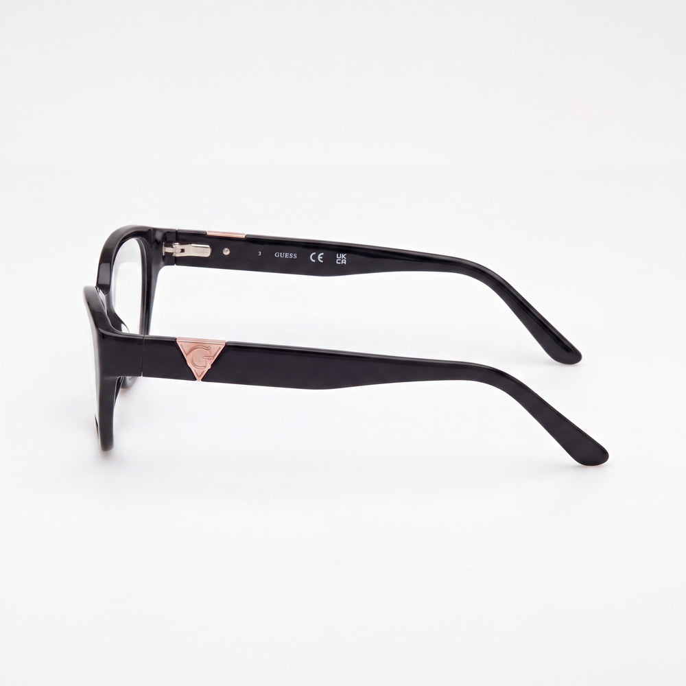 Guess 50162 Rectangle Eyeglasses Women — side view, Shiny Black Blue temples