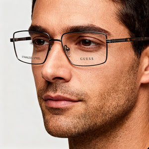 Guess GU50061 Rectangle Eyeglasses Men — side view, Silver Metal temples