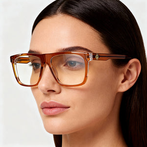 Guess GU50089 Square Eyeglasses Women — side view, Orange temples