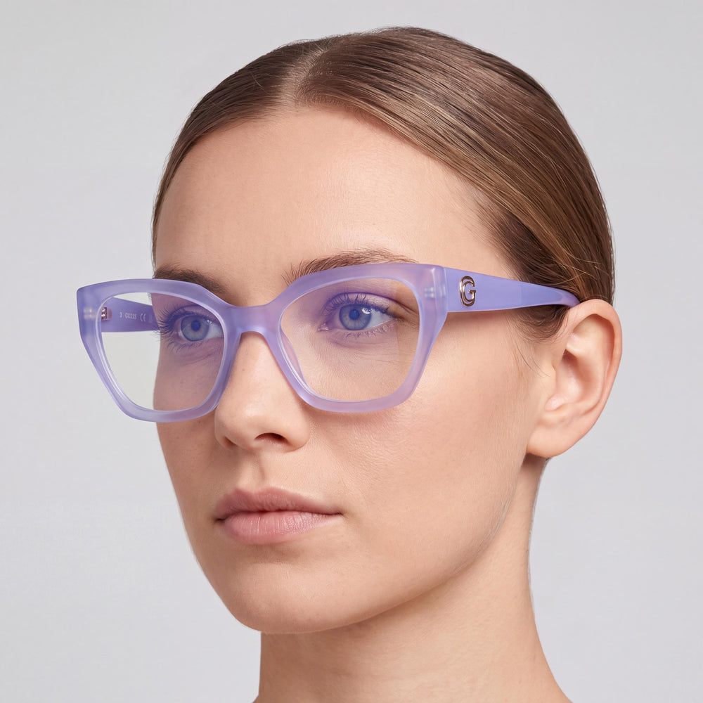Guess Gu50112 Cat Eye Eyeglasses Women — side view, Violet Plastic temples