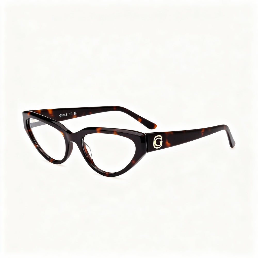 Guess Gu50113 Rectangle Eyeglasses Women — side view, Havana Plastic temples
