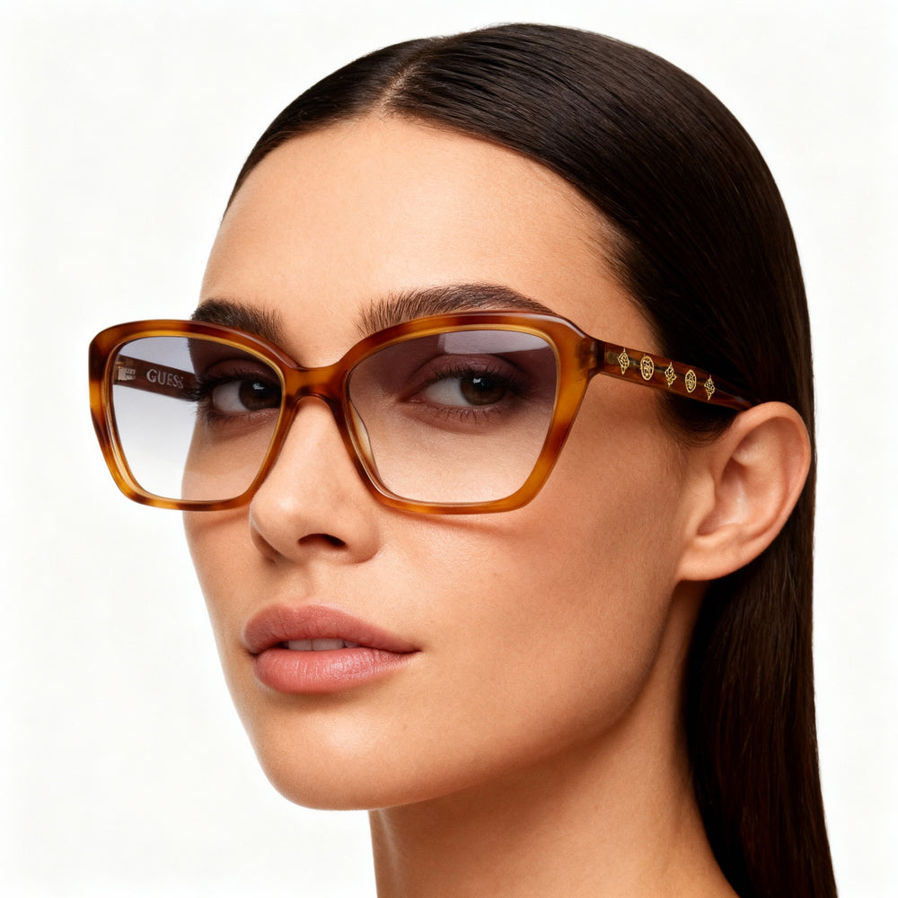 Guess GU50115 Rectangle Eyeglasses Women — side view, Havana temples