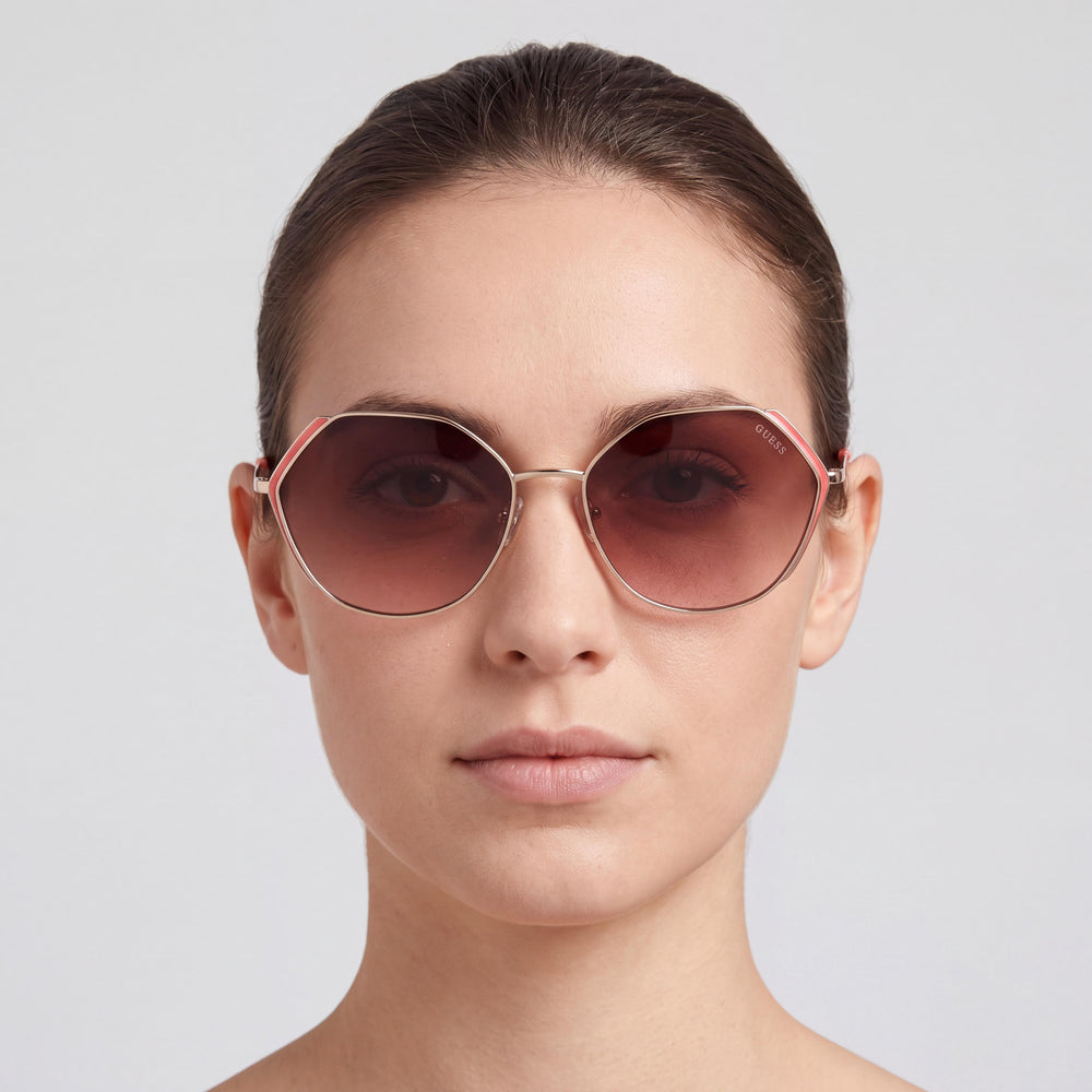 Guess GU7842 Round Sunglasses Women — side view, Non-Polarized Pink Brown Shaded lens