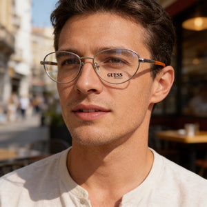 Guess GU8238 Round Eyeglasses Men — side view, Silver Metal temples