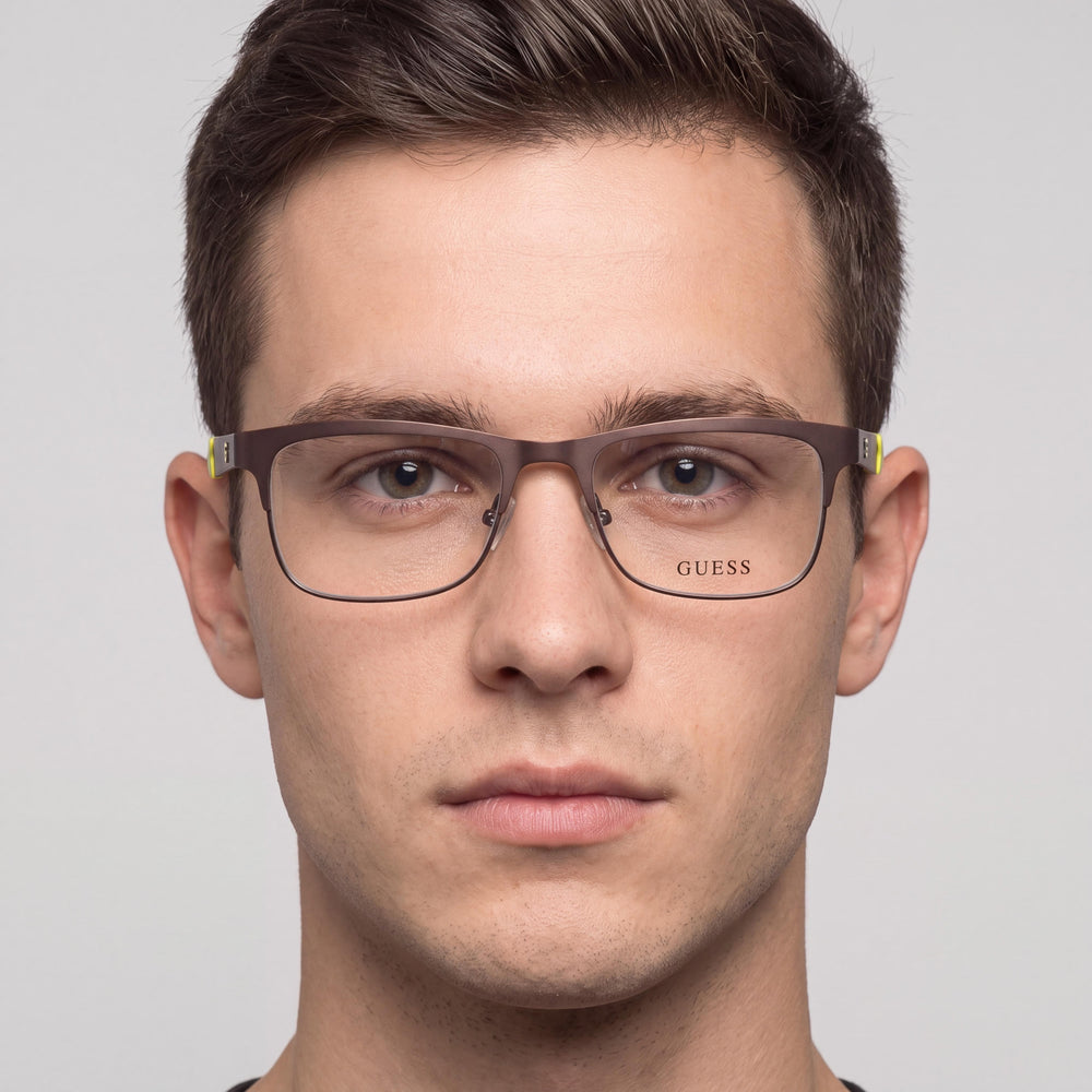Guess GU9168 Kids Rectangle Eyeglasses Unisex — side view, Chocolate Composite temples