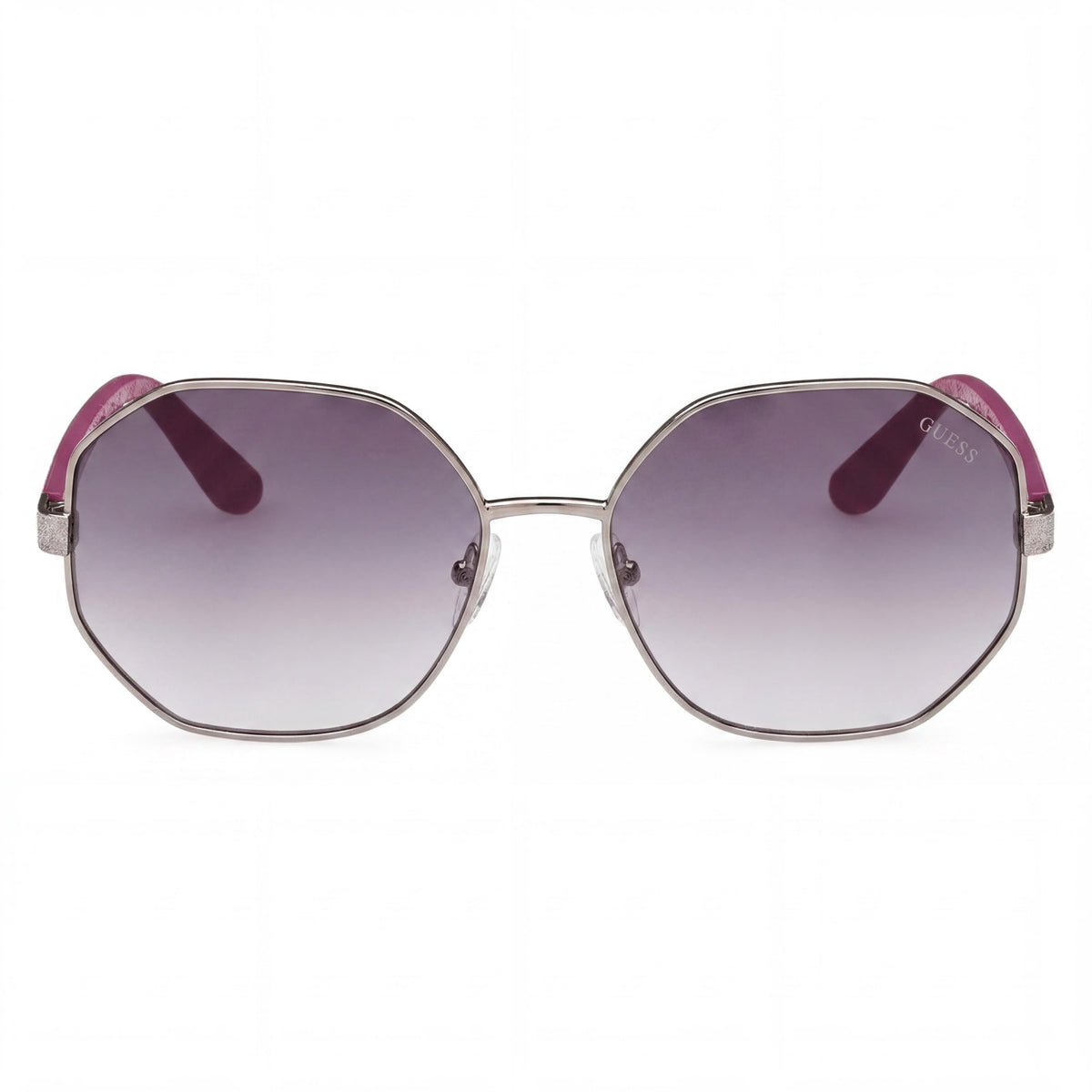 Gafas de sol modernas GUESS para mujer con montura metálica Nickeltin clara y lentes de humo degradadas con 100% de protección UV, ancho de lente 58 mm, Photo 2
