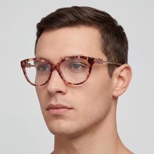 Guess Moderno Cat Eye Eyeglasses Men — side view, Red Plastic temples