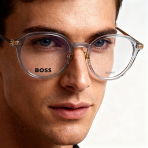 Hugo Boss 1615/F Round Eyeglasses Men — side view, Transparent Acetate temples