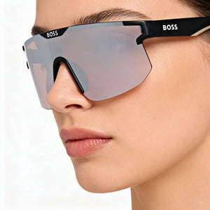 Hugo Boss Boss 1500/S Shield Sunglasses Women — side view, Non-Polarized Silver Mirror lens